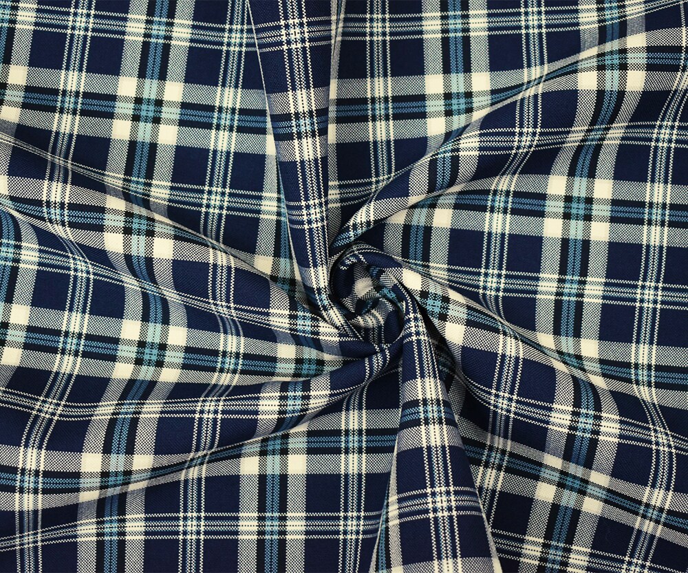 Blue-Ivory-Multi Polyester Plaid Woven Shirting Fabric By the Yard