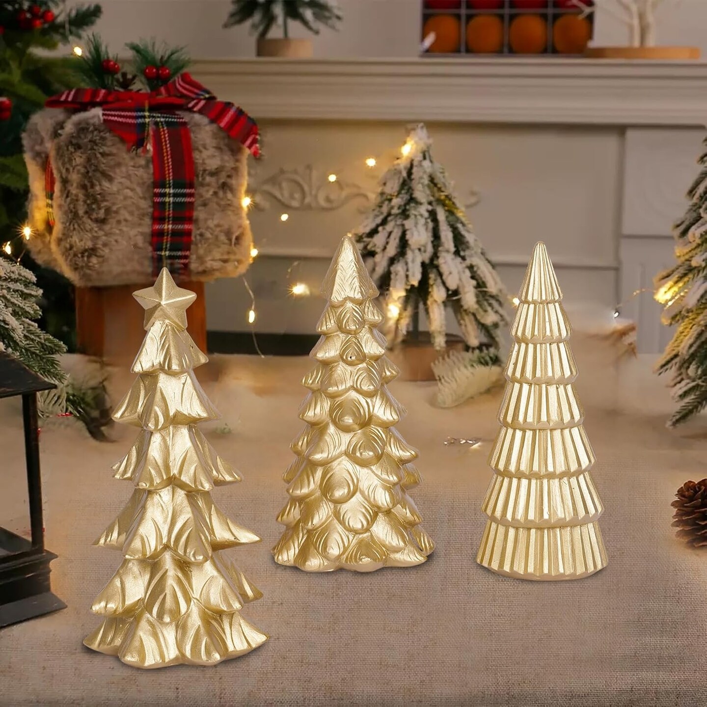 Set of 3 Christmas Tree Figurines Tabletop Decoration (Gold)
