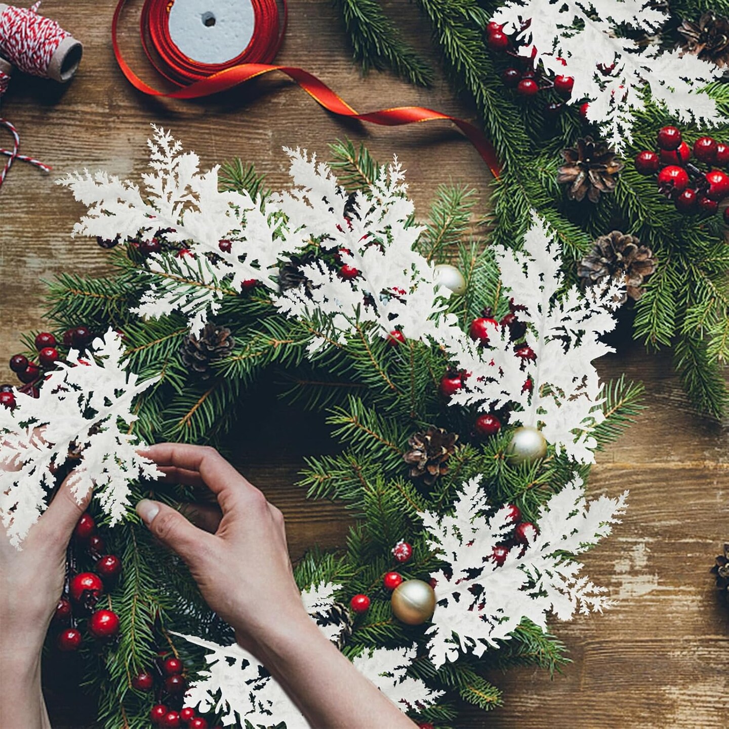 24pcs Artificial Pine Needles Glitter Christmas (White)