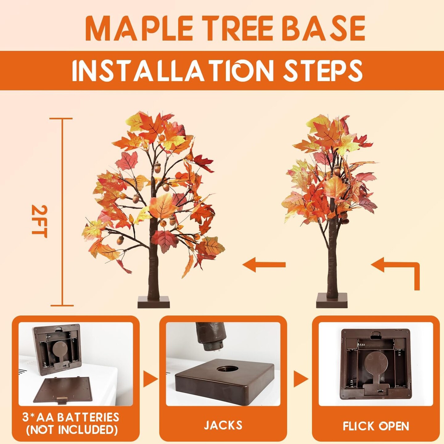 2 Pack Fall Lighted Maple Leaf Table Tree With 24 LED Lights (Orange)