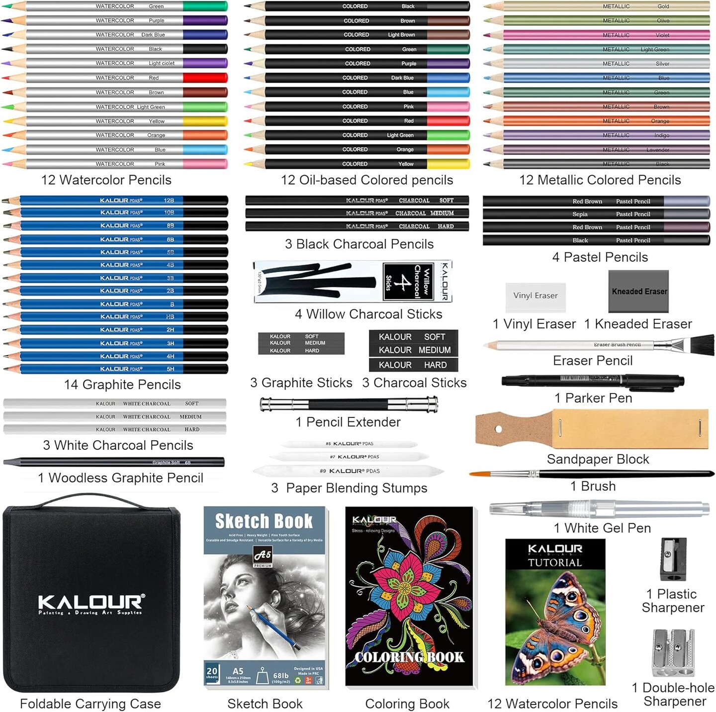 82 Pack Drawing Sketching Kit, Pro Art Supplies with Sketchbook, Include Tutorial,Colored (Black)