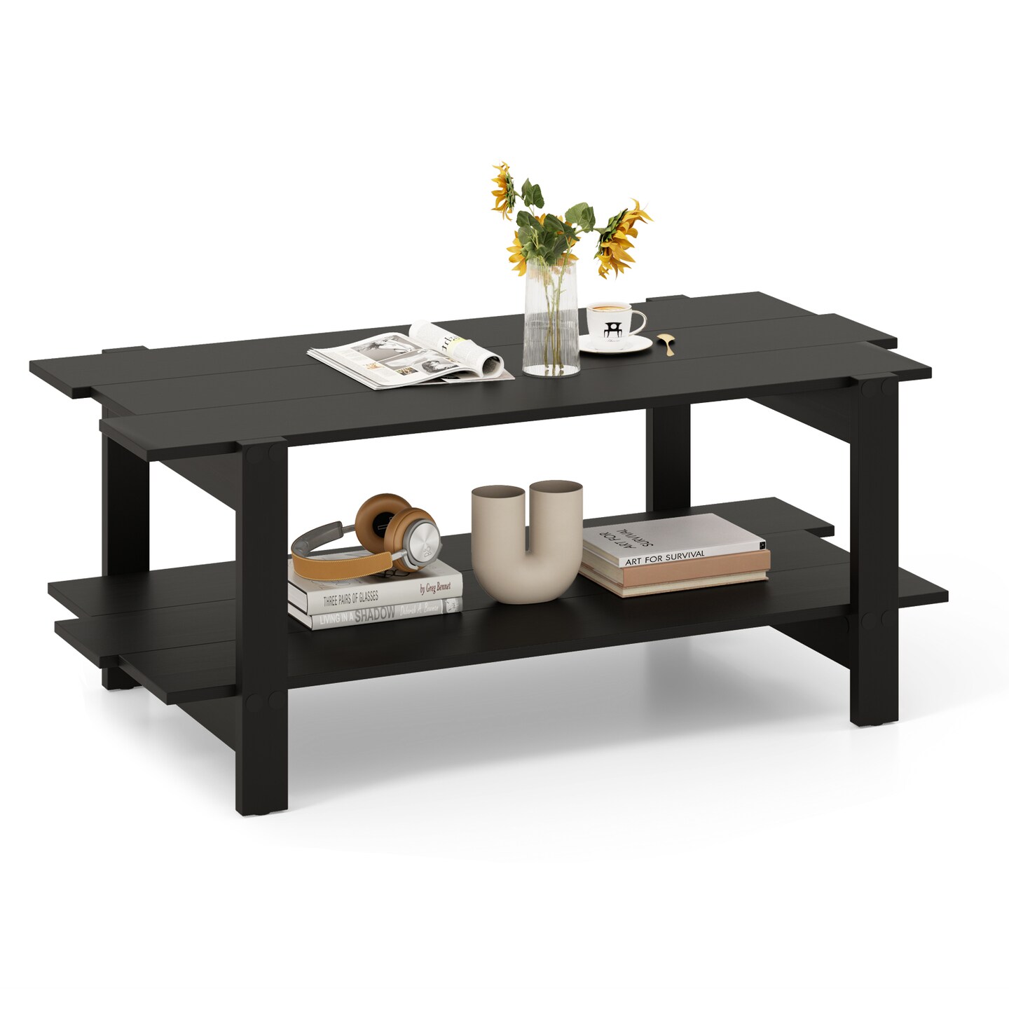 2 Tier Rectangular Coffee Table with Open Storage Shelf Wooden