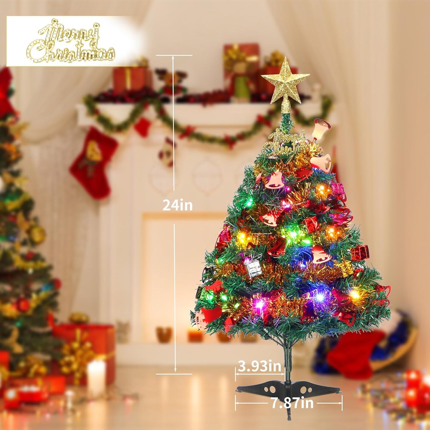 2 FT Mini Christmas Tree Tabletop with Lights (Multicolor)