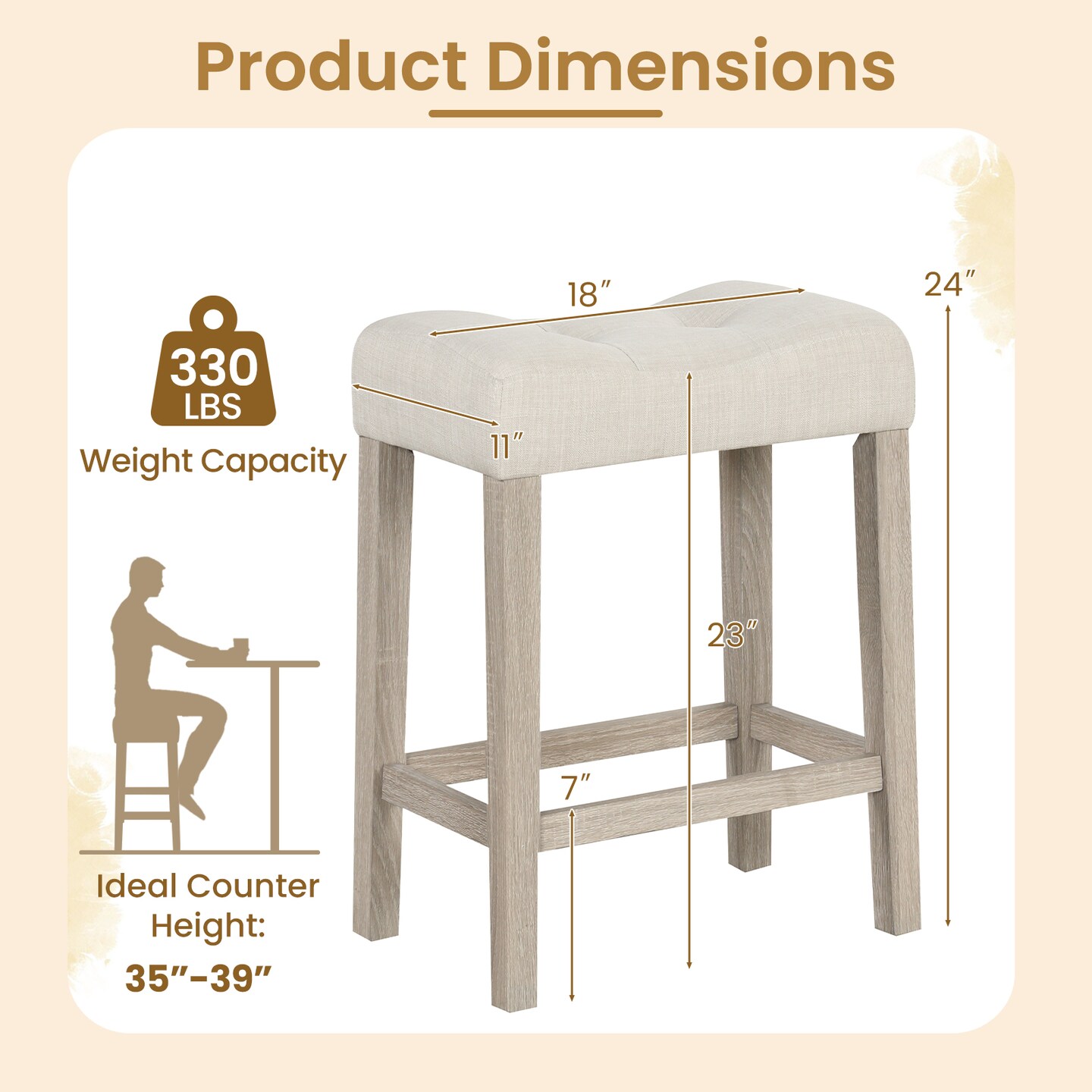 Gray Upholstered Bar Stools Set of 2 with Rubber Wood Frame and Tufted Seat for Kitchen Counter