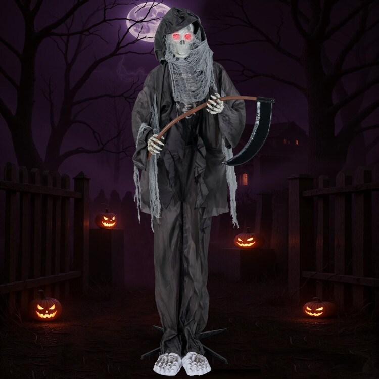 8.5 ft Standing Halloween Grim Reaper Decoration with Sound-Activated Eyes and Movable Arms