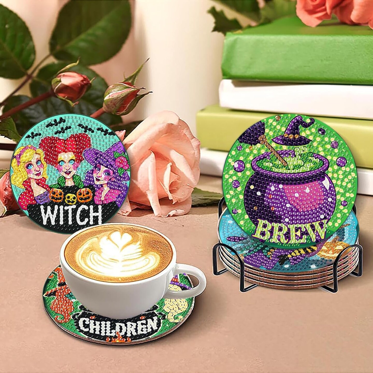 6 Pcs Diamond Paintings Coasters Kits with Holder, DIY Halloween Coaster Diamond Art Kits(0.1 x 0.1 x 0.1 inches)