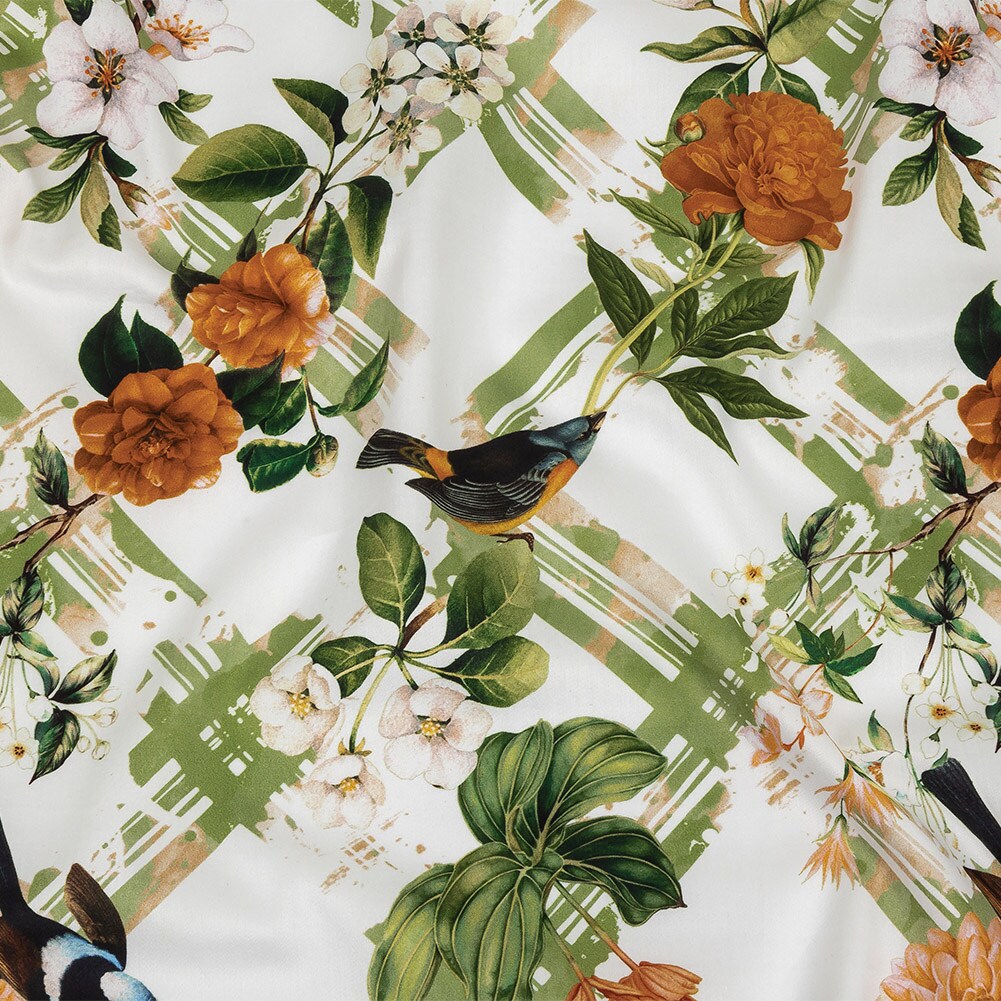 1 Yard Leaf Green and Orange Crosshatch Birds and Florals Mercerized Organic Egyptian Cotton Shirting Floral Fabric