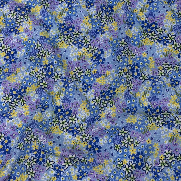 1 Yard Sky Blue Forget Me Not Cotton Voile Floral Yellow Blue