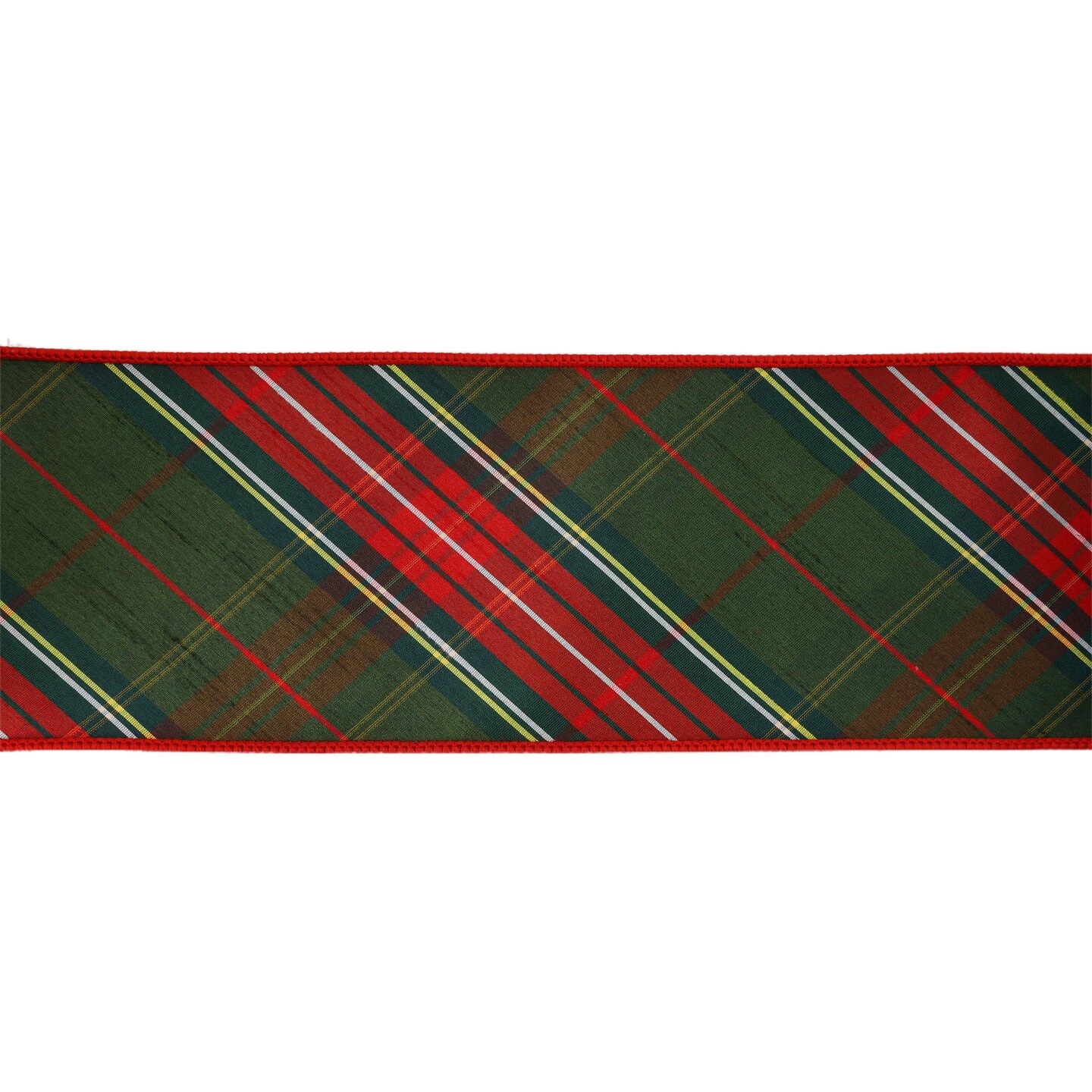 LaRibbons 4&#x22; - 2 1/2&#x22; Wired Dupioni Ribbon | Red/Dark Green Plaid Bias Cut Double-Fused Red Backing | 5 Yard Roll