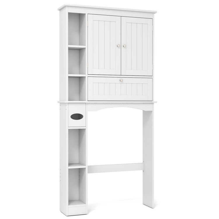 White Over-the-Toilet Storage Cabinet with Double Doors Adjustable Shelves and Tissue Holder