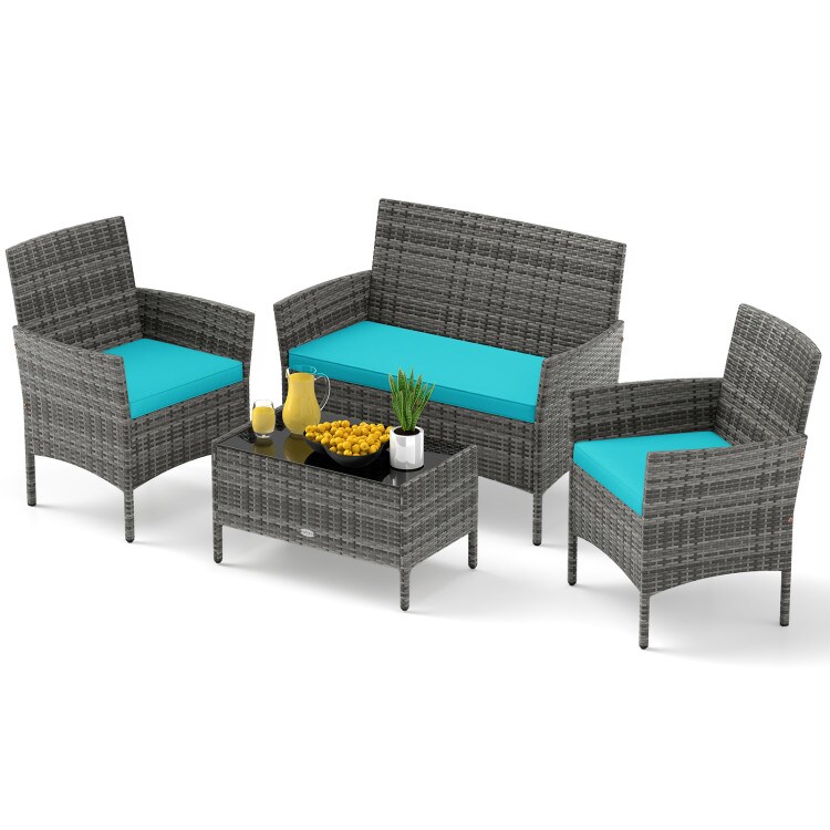 4-Piece Mix Grey Rattan Patio Furniture Set with Loveseat Chairs and Tempered Glass Table