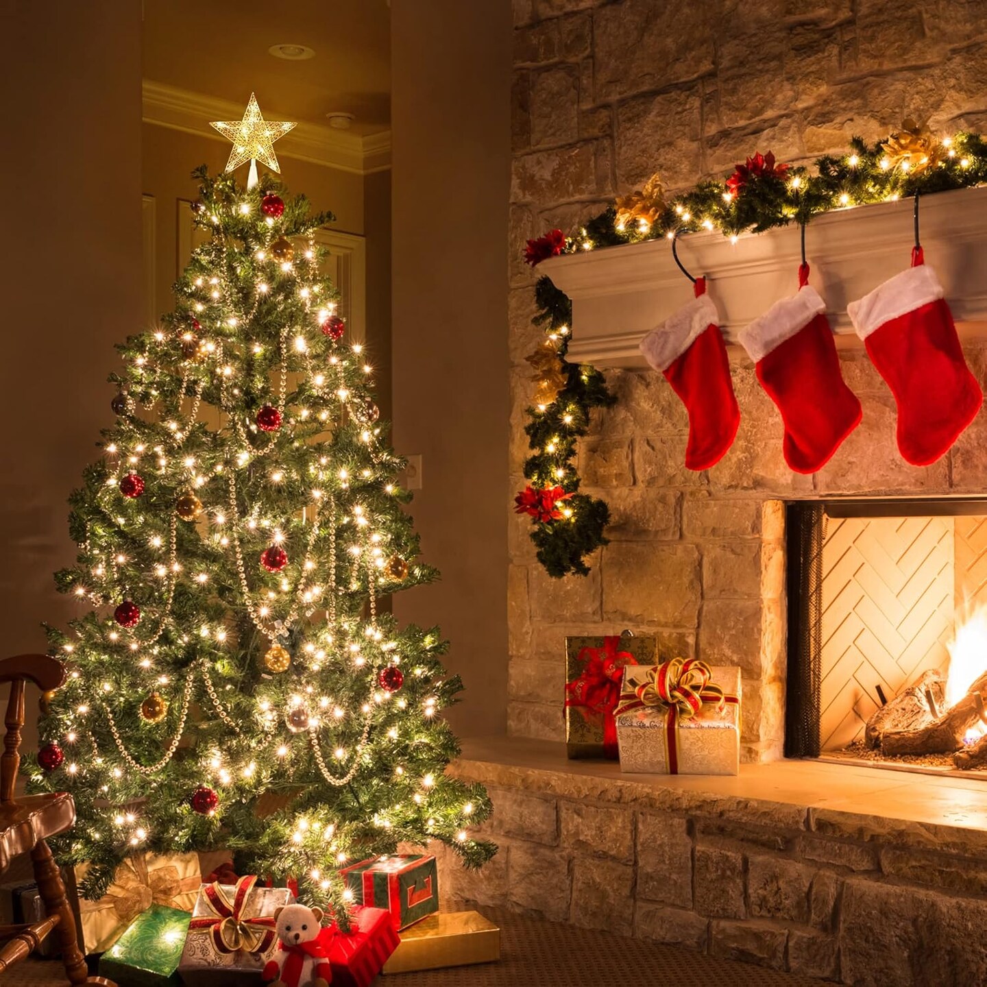 Gold Christmas Tree Topper, 9“ Hollow-Out Star Tree Topper with 10 Warm White Lights, Pre-lit 5 Point