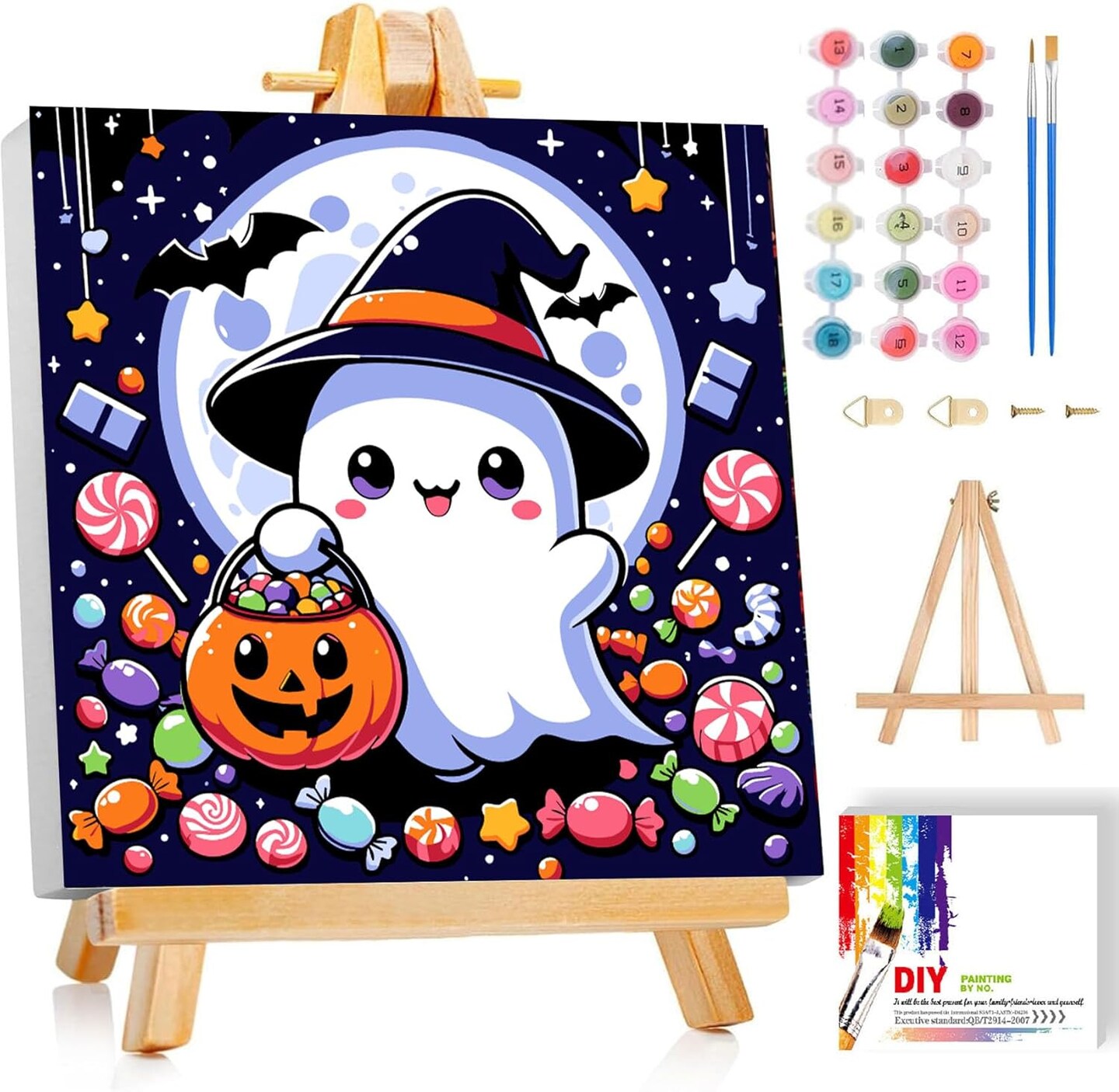 Halloween Ghost Paint by Numbers Kit with Frame and Wooden Easel - 8x8 Inch