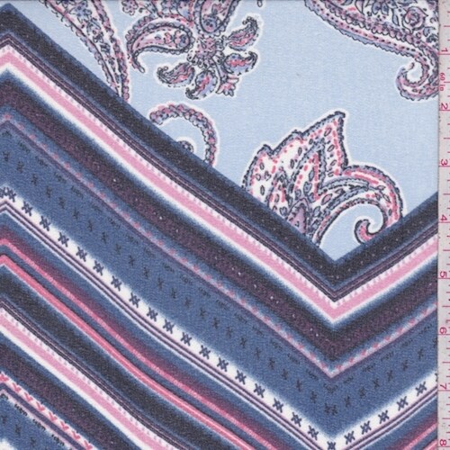 Periwinkle/Navy Paisley Chevron Crepe Georgette Fabric By the Yard