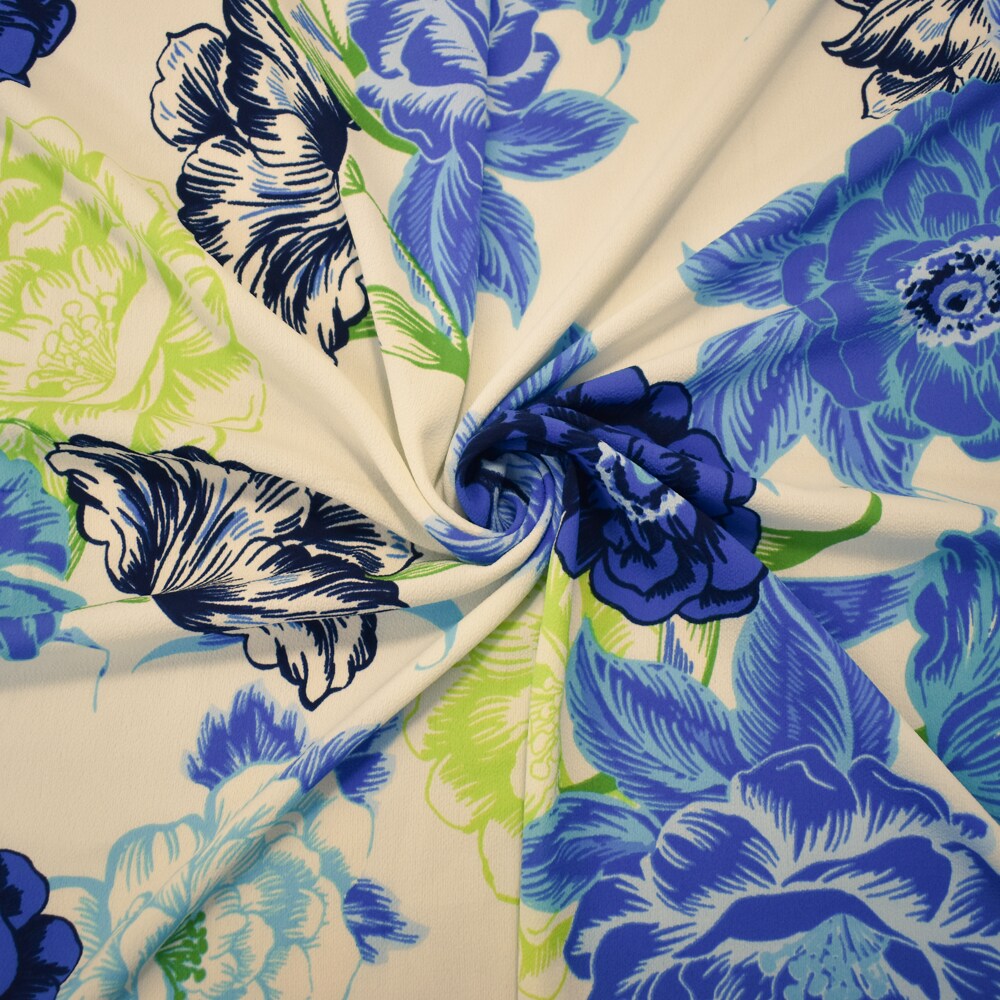 Ivory-Blue-Multi Poly Floral Print Pebble Crepe Woven Fabric By the Yard