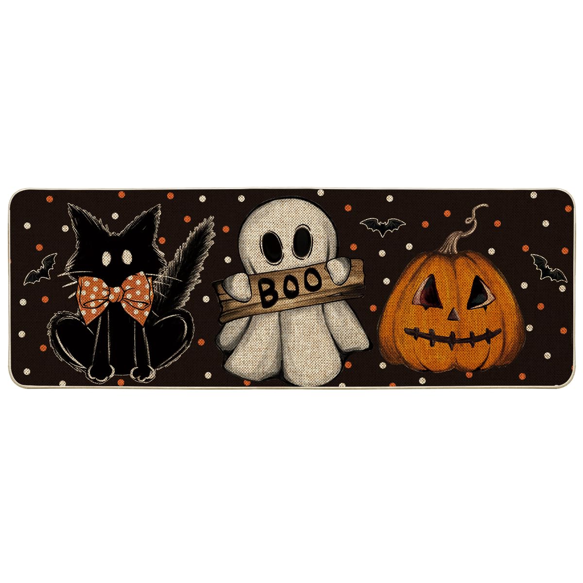 Artoid Mode Black Cat Jack-O&#x27;-Lantern Ghost Pumpkins Halloween Doormat, Seasonal Low-Profile Floor Switch Mat for Indoor Outdoor 17x47 Inch