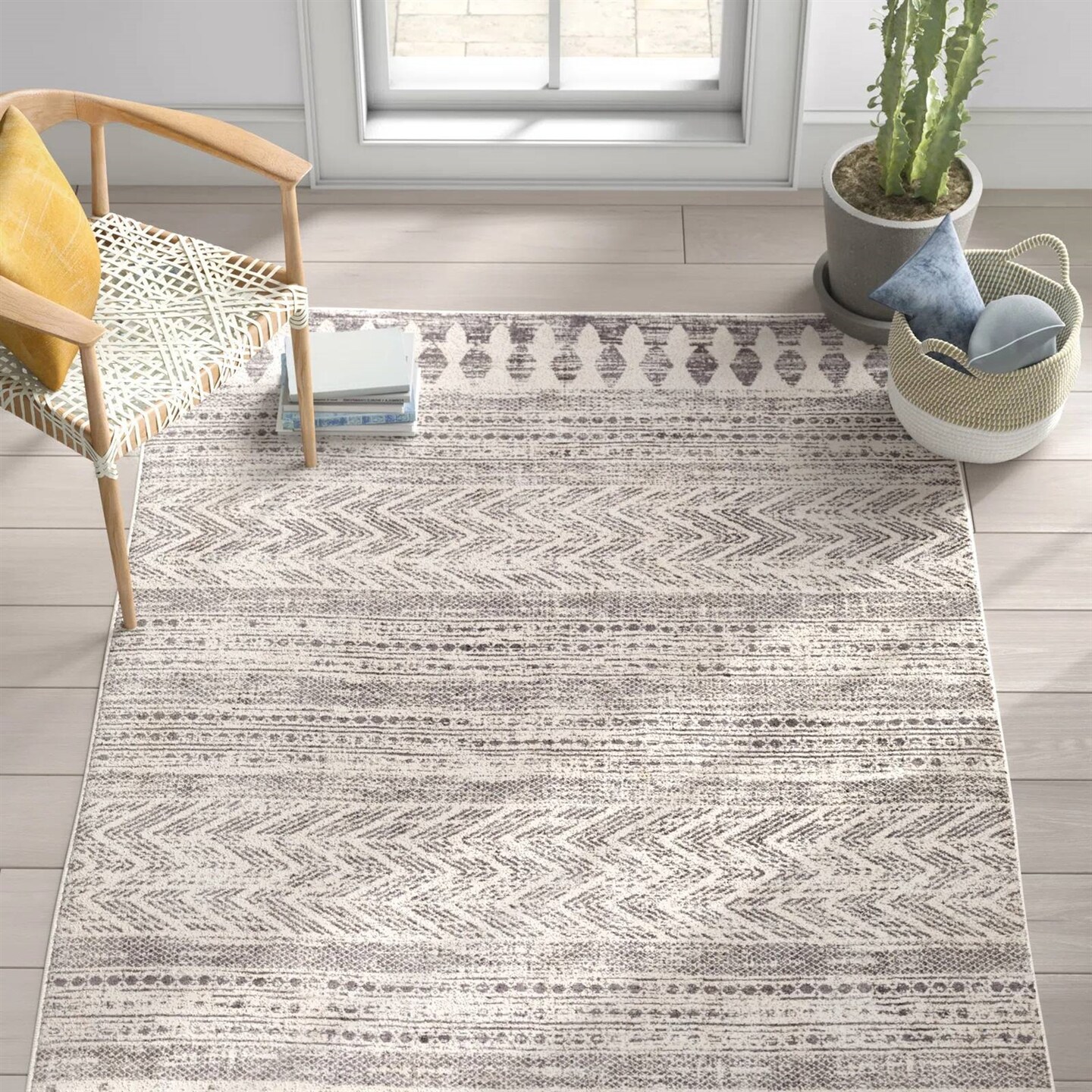 Grey-Ivory Polypropylene Chevron Area Rug 5x7 Soft Durable Design