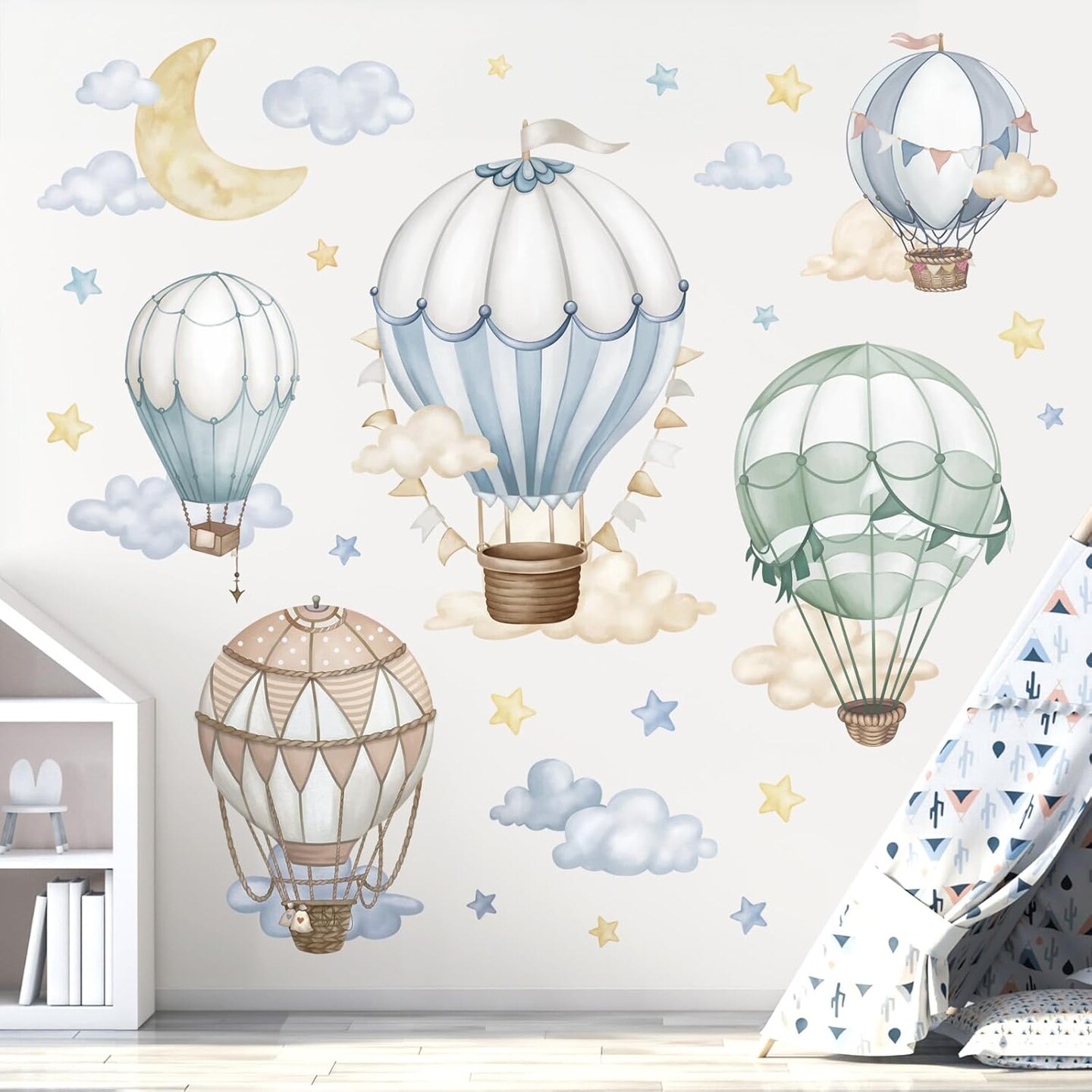Watercolor Hot Air Balloon Wall Stickers Star Moon Cloud Balloons Pee (Multi)