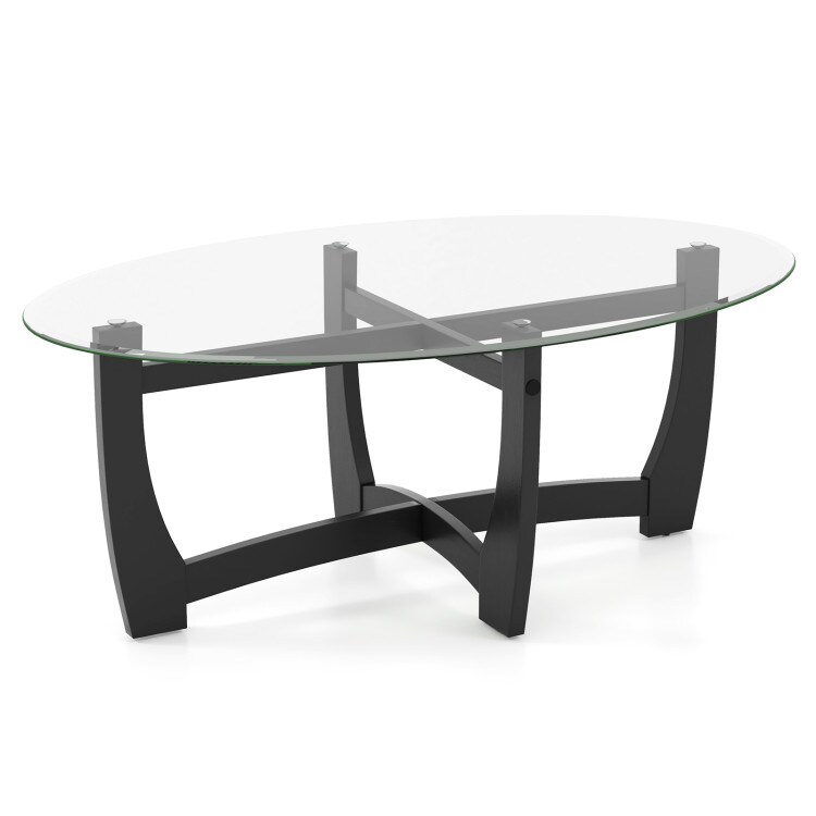 Black Rubber and Bentwood Oval Coffee Table with Tempered Glass Top