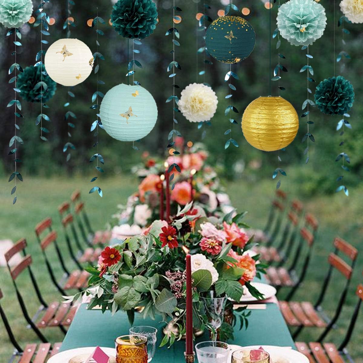 Hunter Green and Gold Hanging Tissue Lantern Flowers Pom Pom(Dark Green)