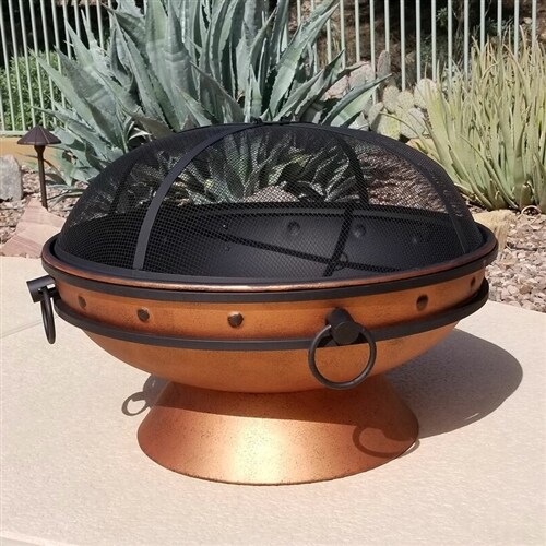 31 Inch Steel Wood Burning Cauldron Fire Pit with Log Grate Spark Screen and Fire Poker Copper Finish for Patio Backyard Deck