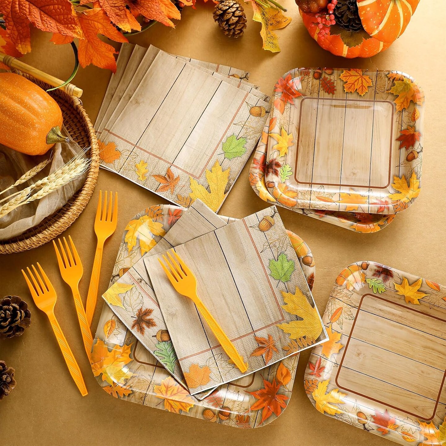 100 Pcs - Thanksgiving Paper Plates and Napkins Disposable Tableware Set for 25 Guests(orange, brown)10.31 x 10.28 x 2.6 inches