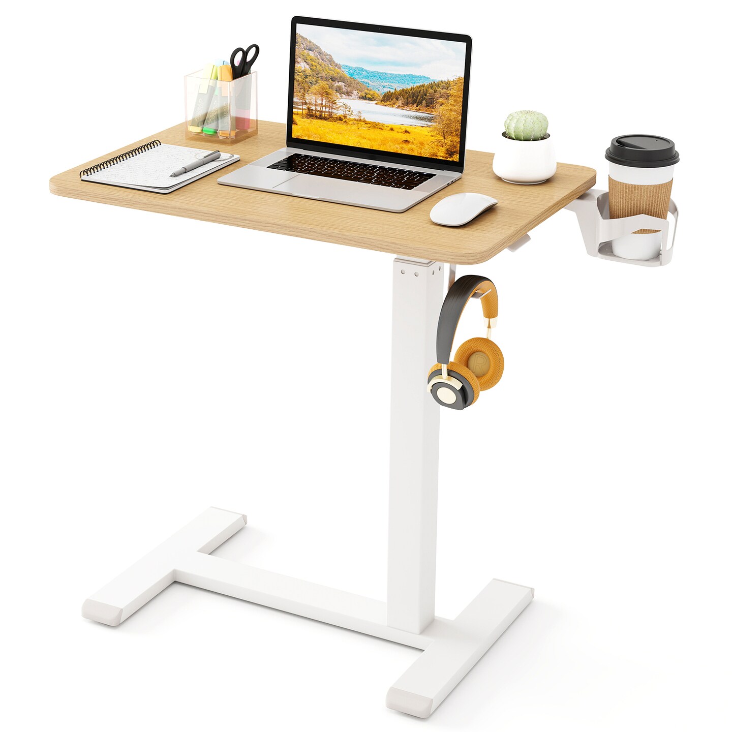 Height Adjustable Mobile Overbed Table with Cup Holder Standing and Bedside Use