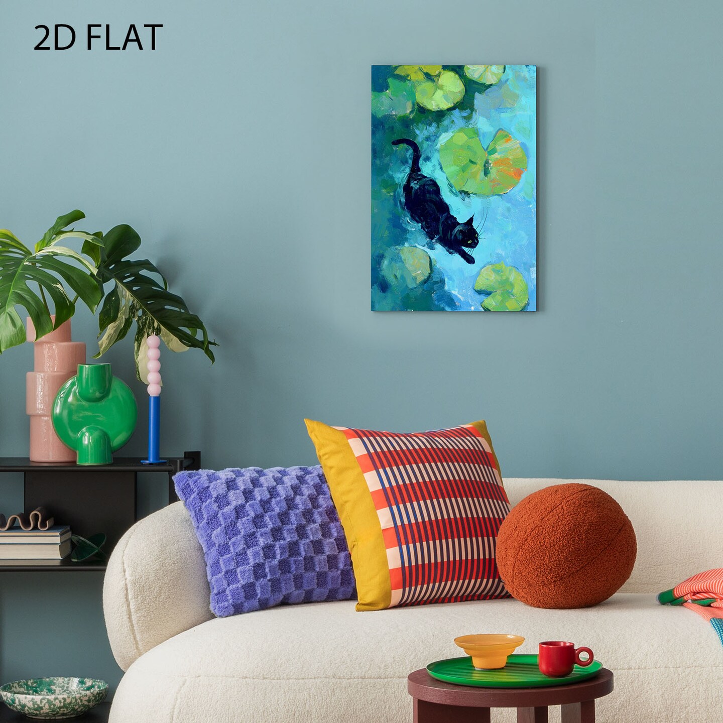 Black Cat in Pond Canvas Wall Decor - Premium Pine Frame, Mortise - Tenon Joint & Non - Toxic Water - Based Ink | 12*8inch