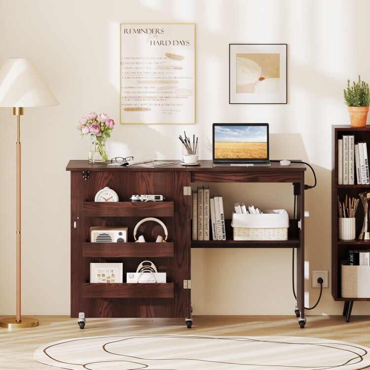 Portable Mobile Folding Sewing Cabinet with USB Charging Port and Multi-Tier Storage