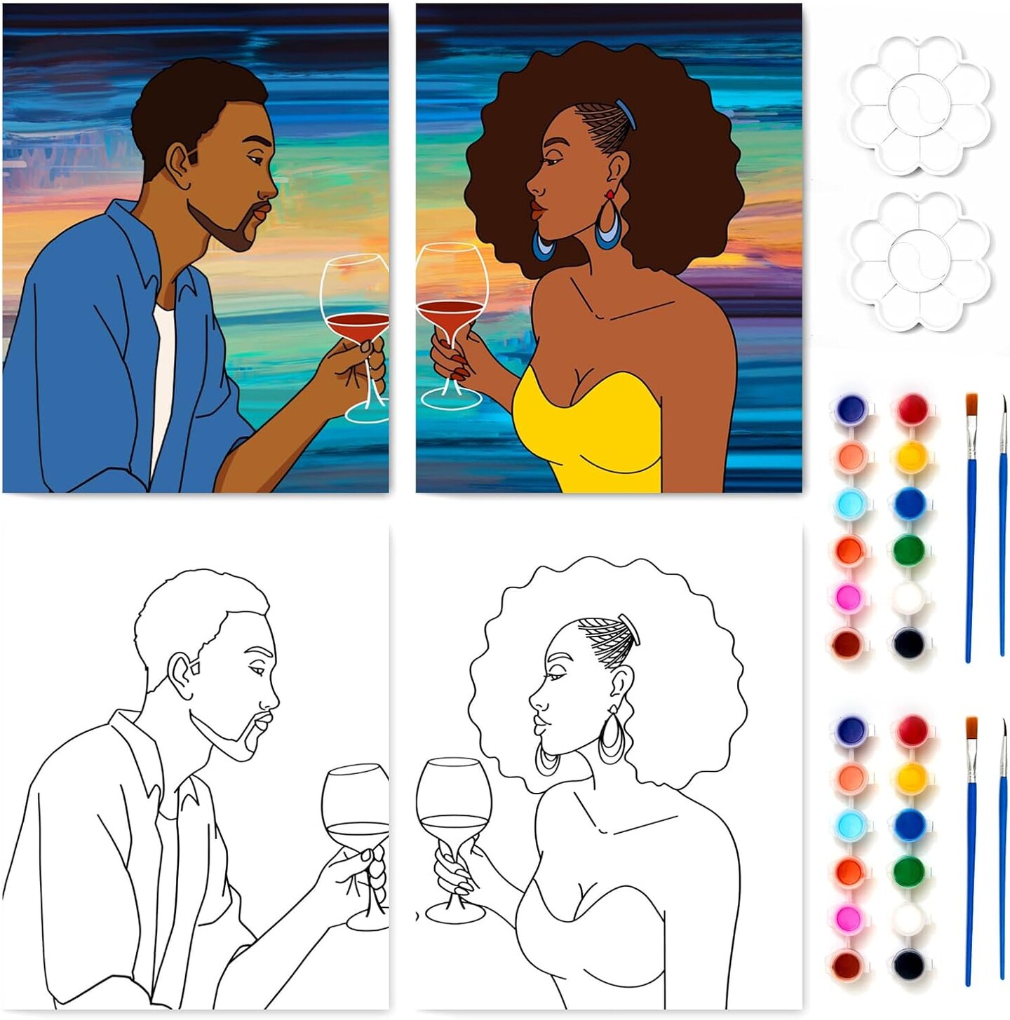 2 Pack Sip and Paint Kits - Afro Couple Pre Drawn Canvas (8x10)