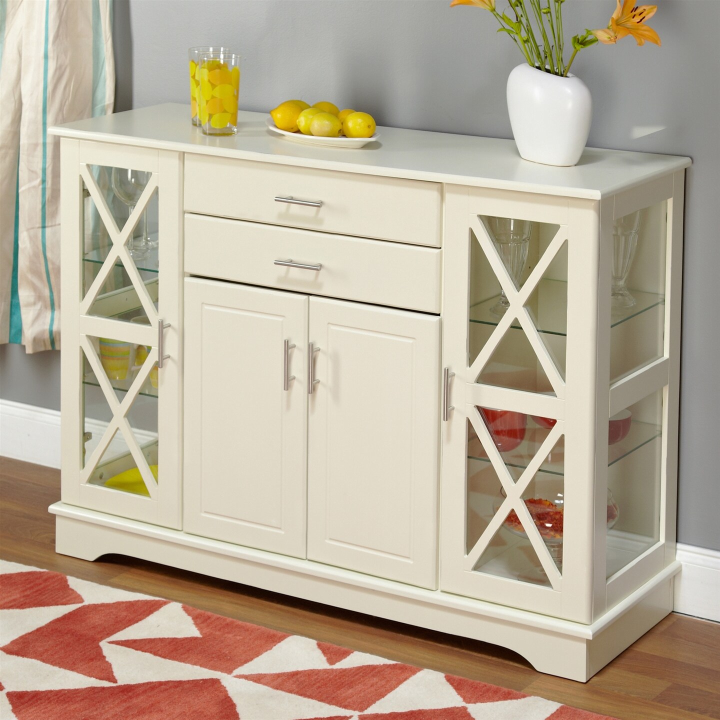 Buffeet Platform Antique White Buffet Sideboard Cabinet with Glass Doors, Adjustable ...