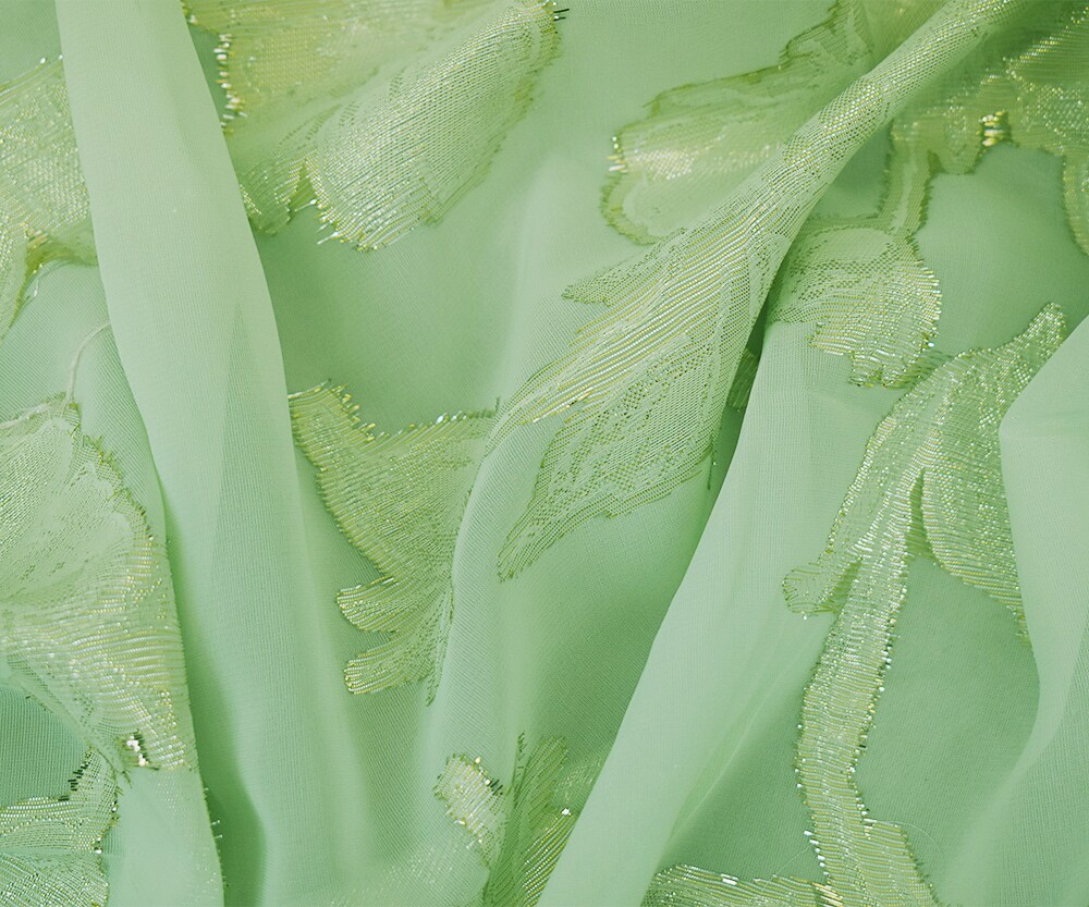 Light Green-Gold-Silver Nylon Metallic Floral Organza Woven Fabric By the Yard