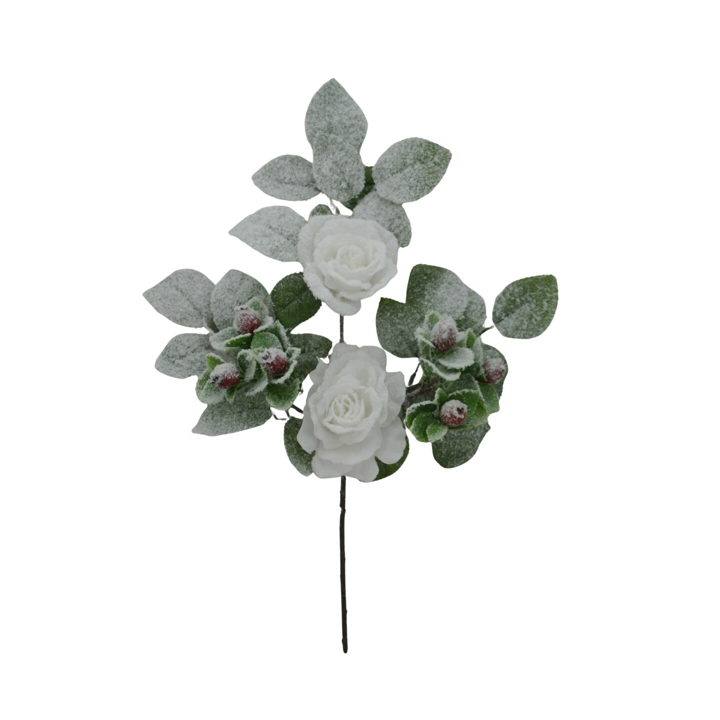18&#x22; White Rose Berry Spray &#x2013; Flocked Artificial Rose Stem for Holiday Arrangements-83754-WT