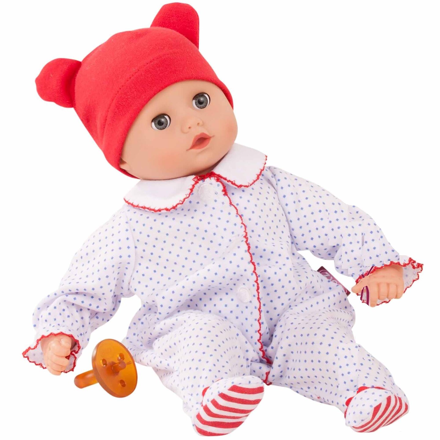 Gotz Boy Muffin 13&#x22; - Bald Soft Body Baby Doll in Red White &#x26; Blue Footed Pajamas with Blue Sleeping Eyes