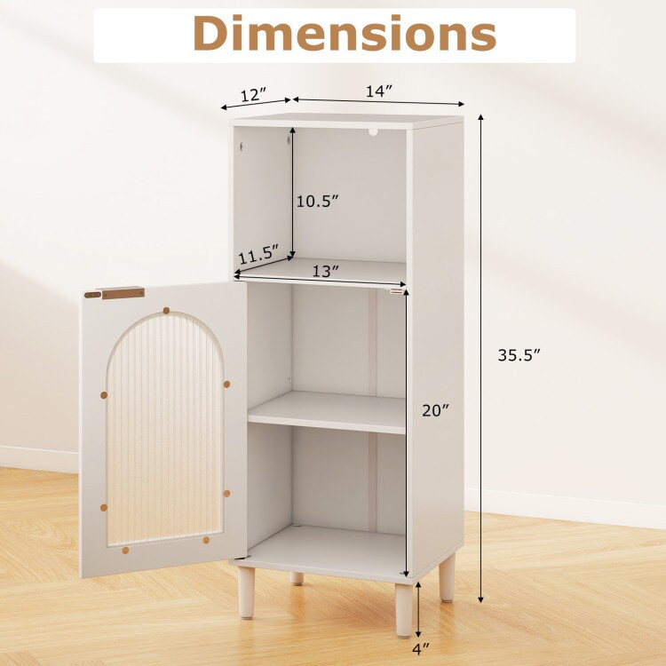 White Bathroom Storage Cabinet with Tempered Glass Door and Adjustable Shelves, Solid Wood Legs