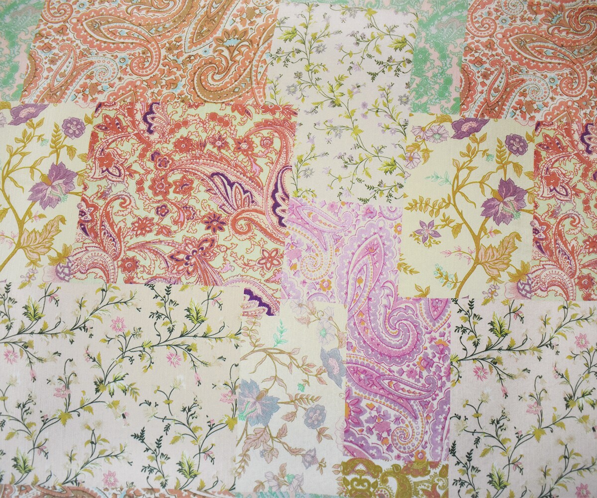 Pink-BeigeMulti Poly Ink Paisley Floral Printed Crinkle Yoryu Chiffon Woven Fabric By the Yard