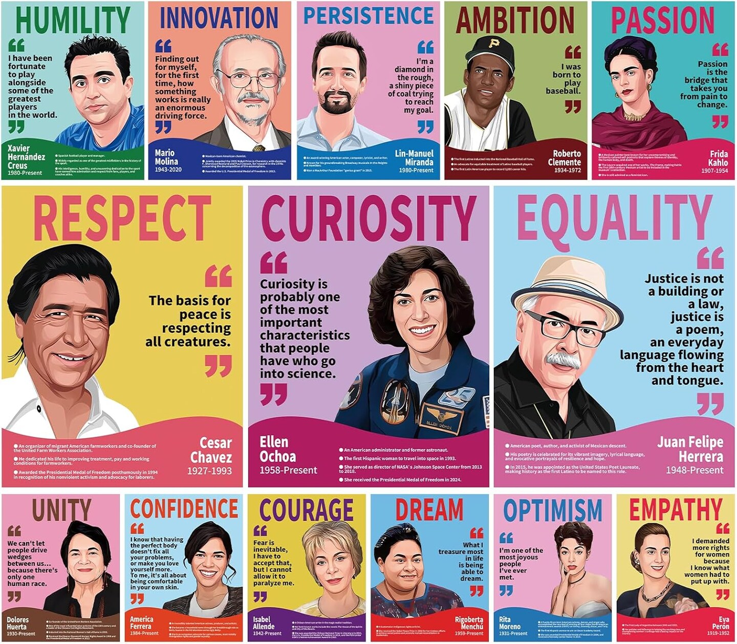 14pc English Motivational Posters Famous Latino,Hispanic Heritage Month Decorations