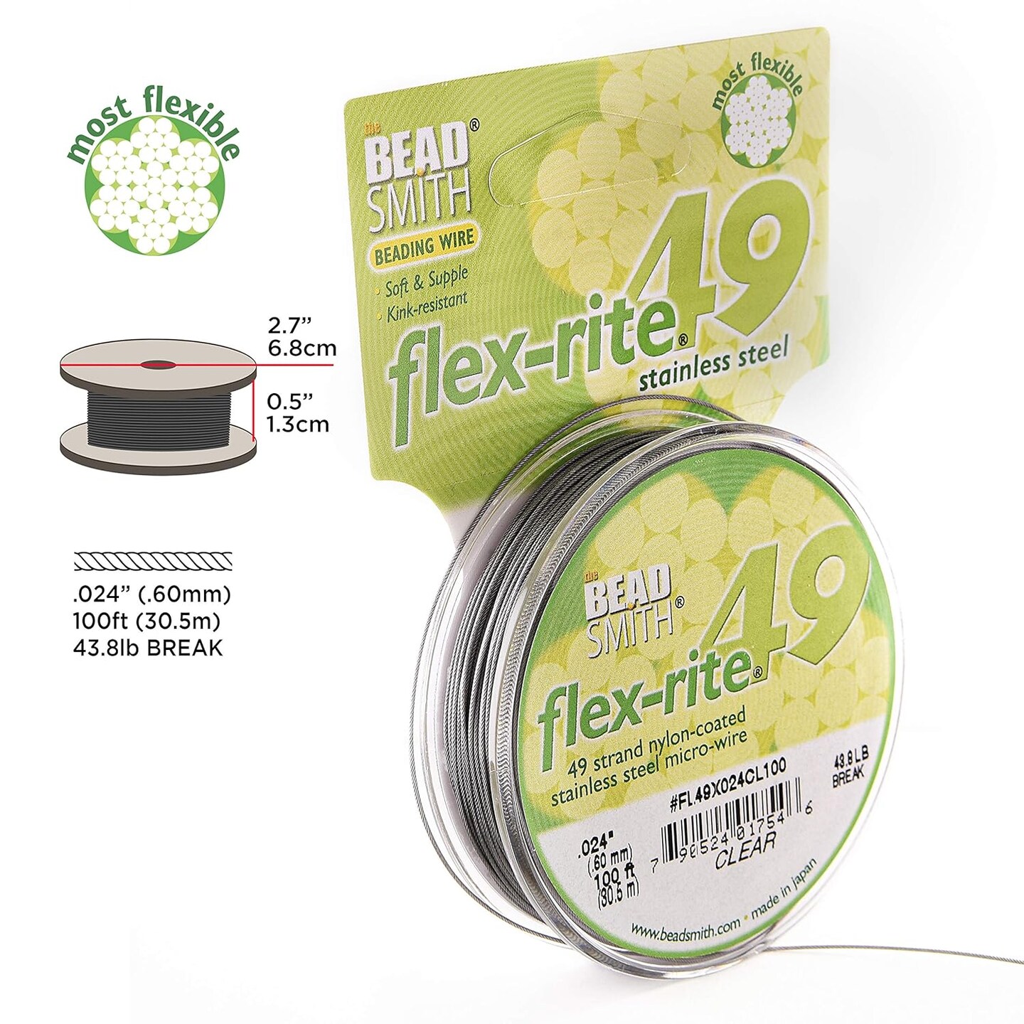 The Beadsmith Flex-Rite Beading Wire - Stainless Steel Micro Flexible Wire, 49 Strand, Clear Color, .024&#x22; Diameter, 100-Foot Spool, Nylon Coated