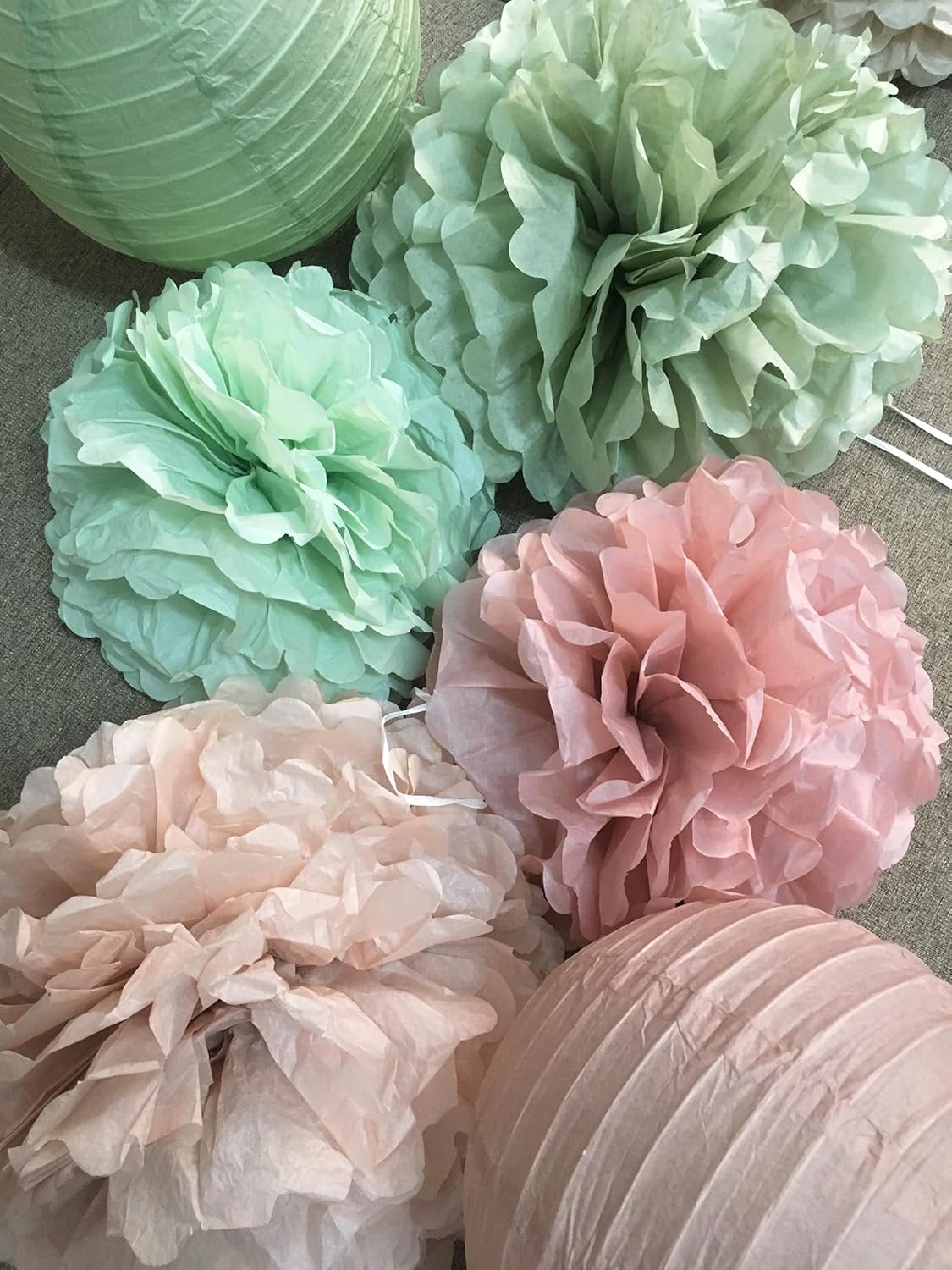 Hanging Party Decorations - Tissue Paper pom poms and Lanterns Backdrop Decor for Engagement Wedding Birthday Bridal Shower Bachelorette (Sage Green + Rose Pink)