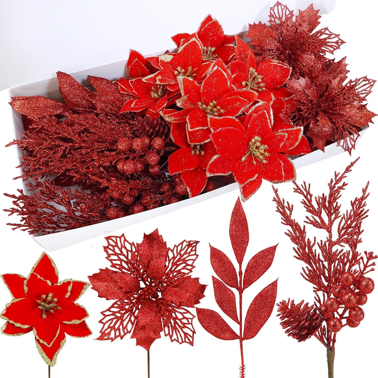 Christmas Artificial Poinsettia Flowers Picks (Red)