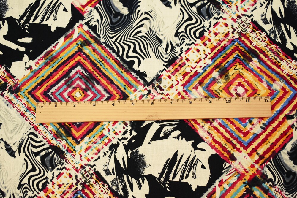 Red-Black-Multi Abstract Diamond Aztec Pattern Printed Linen Woven Fabric By the Yard