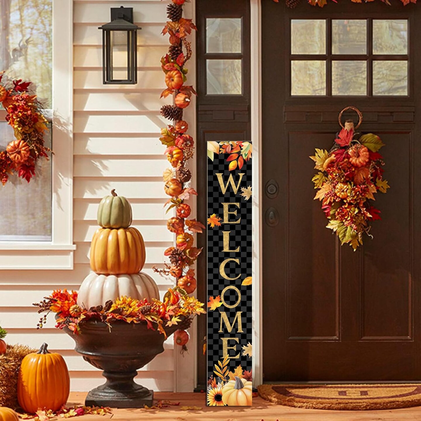 Fall Wooden Porch Sign 47&#x22; Autumn Pumpkin Maple Leaf(Black)