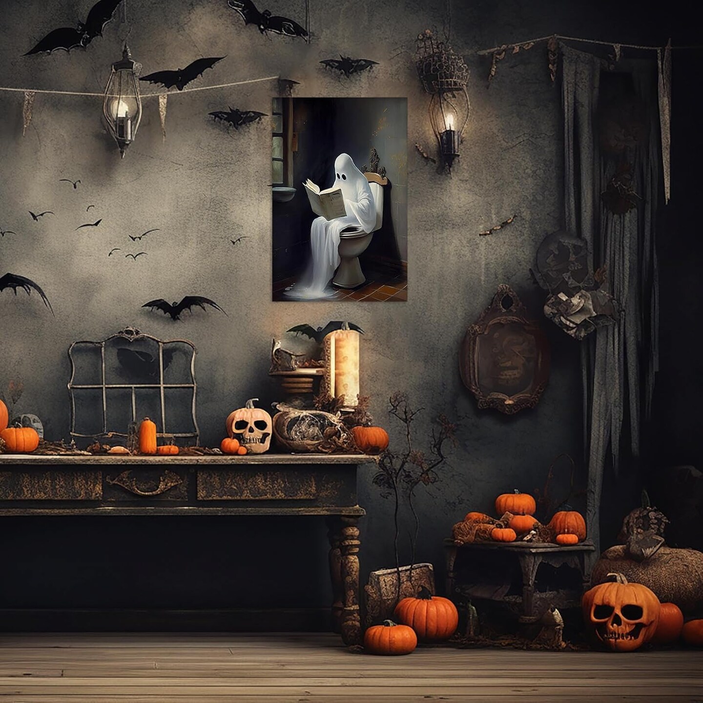 Ghost on Toilet Halloween Wall Decor - 16L&#x22; x 12W&#x22; (Unframed)