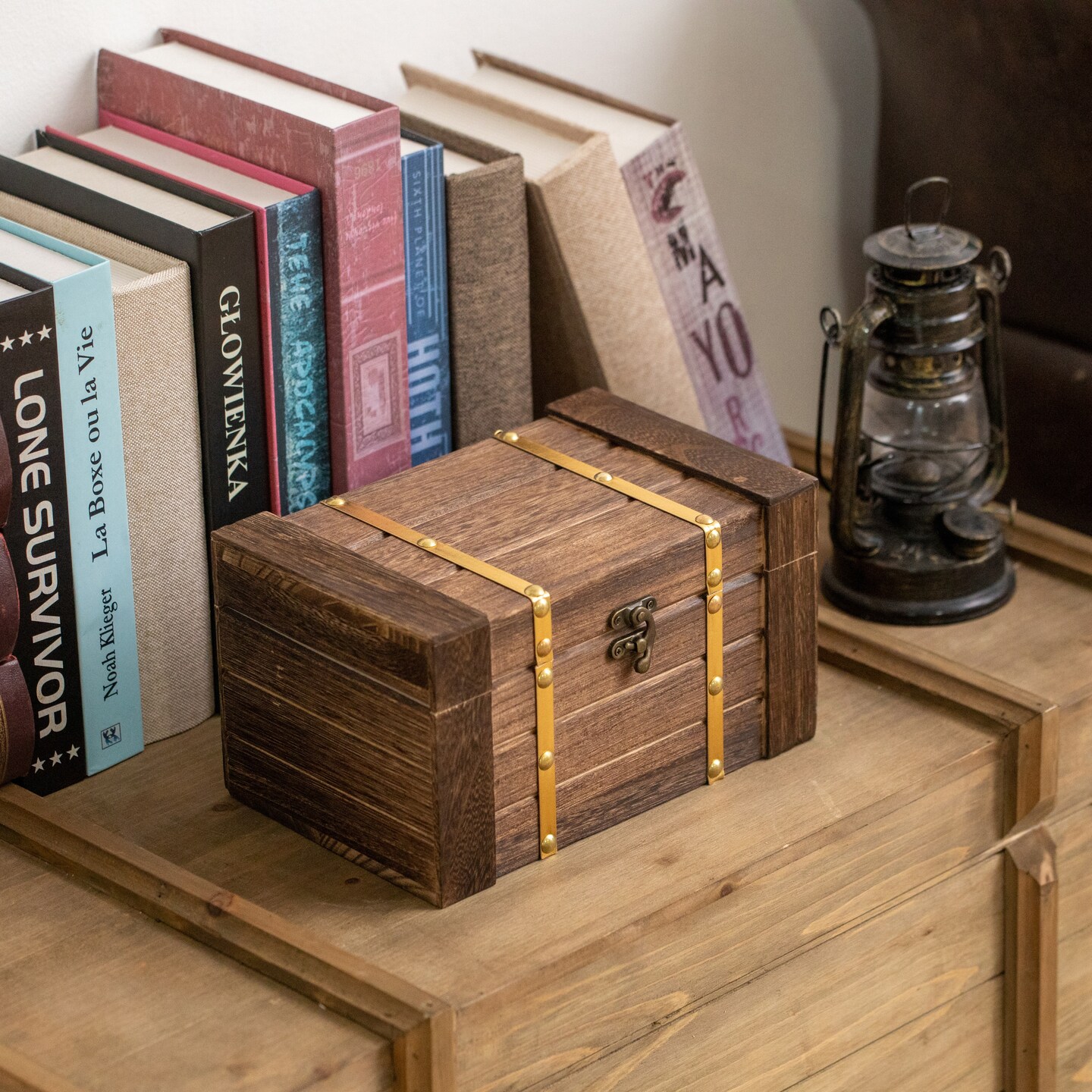 Vintiquewise Rectangular Wooden Treasure Chest Rustic Dark Wood Decorative Storage Box and Organizer for Trinkets Jewelry Coins Letters or Gift Packaging Vintage-Style Accent for Home or Office Decor