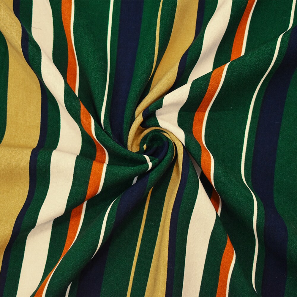 Green-Beige-Multi Rayon Stripe Printed Challis Woven Fabric By the Yard