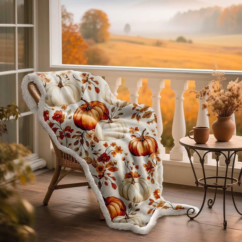 50x60 Fall Pumpkin Flannel Throw Blanket Soft Warm Fleece for Couch Bed