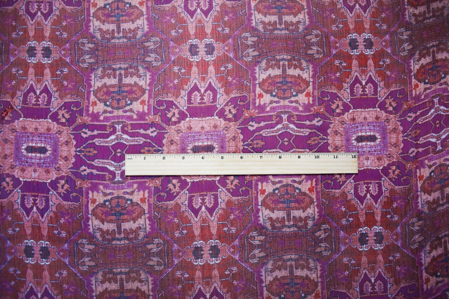 Purple-Red-Multi Poly Aztec Printed Crinkle Yoryu Chiffon Woven Fabric By the Yard