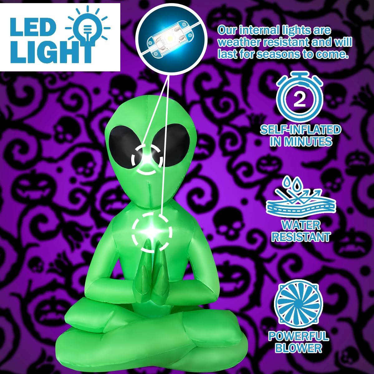 5 Ft Meditating Alien Blow Up Inflatables Yoga Alien Halloween Decorations with Build-in LEDs
