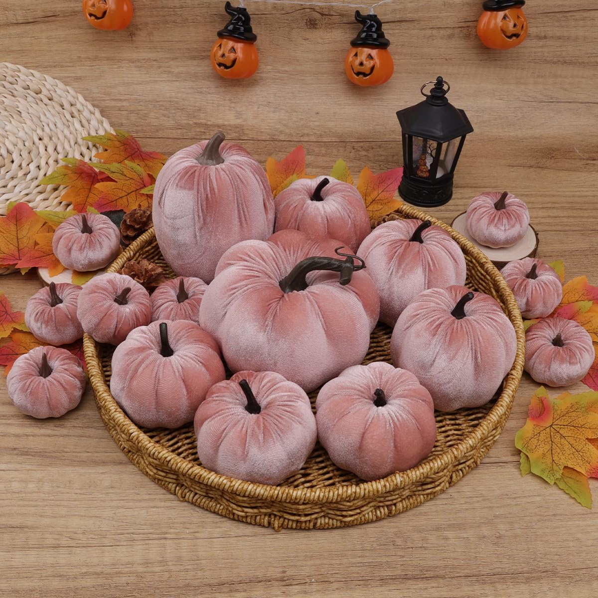 16Pcs Pink Fake Foam Pumpkins Decorating Velvet Fabric Pumpkin