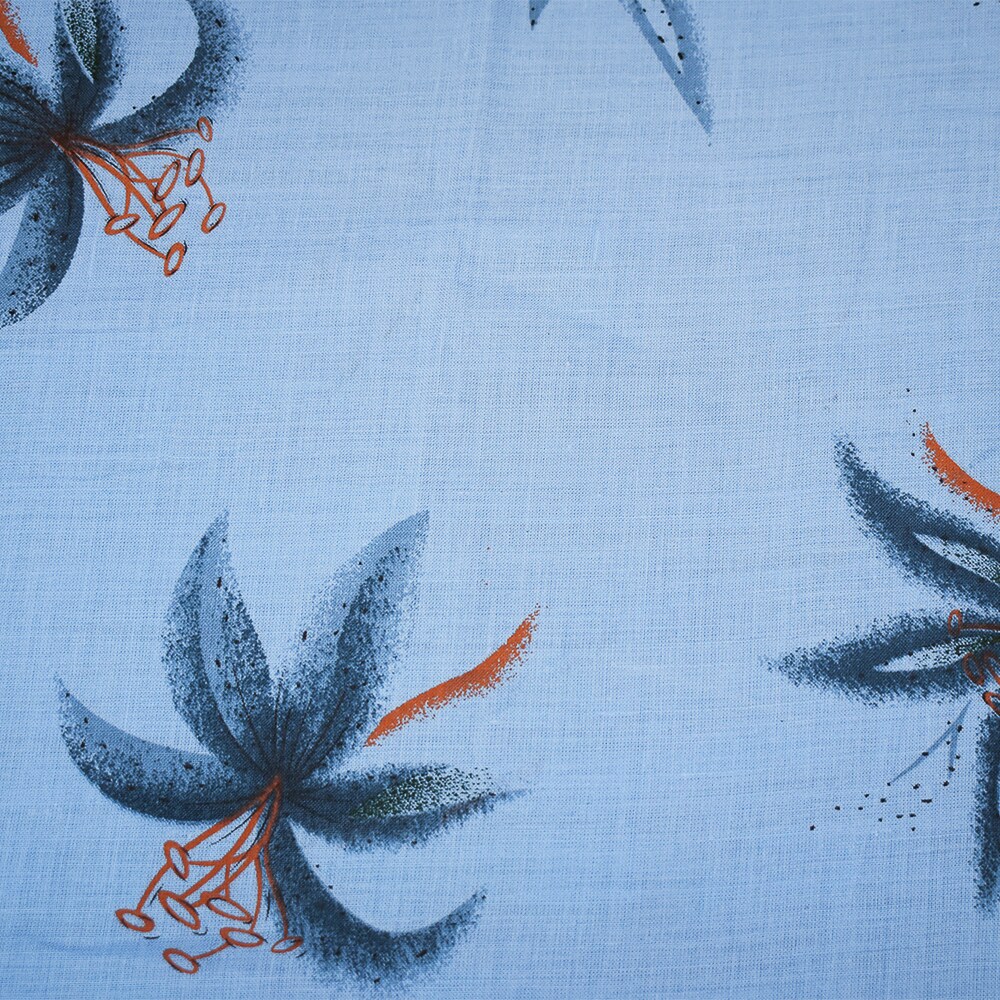 Blue-Orange-Multi Lily Printed Linen Woven Fabric By the Yard